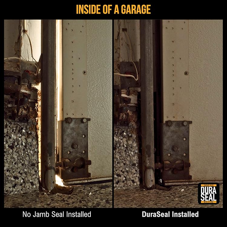 Side-by-side comparison: 'No Jamb Seal Installed' showing a bright gap of daylight and debris, next to 'DuraSeal Installed' showing a clean, sealed jamb.