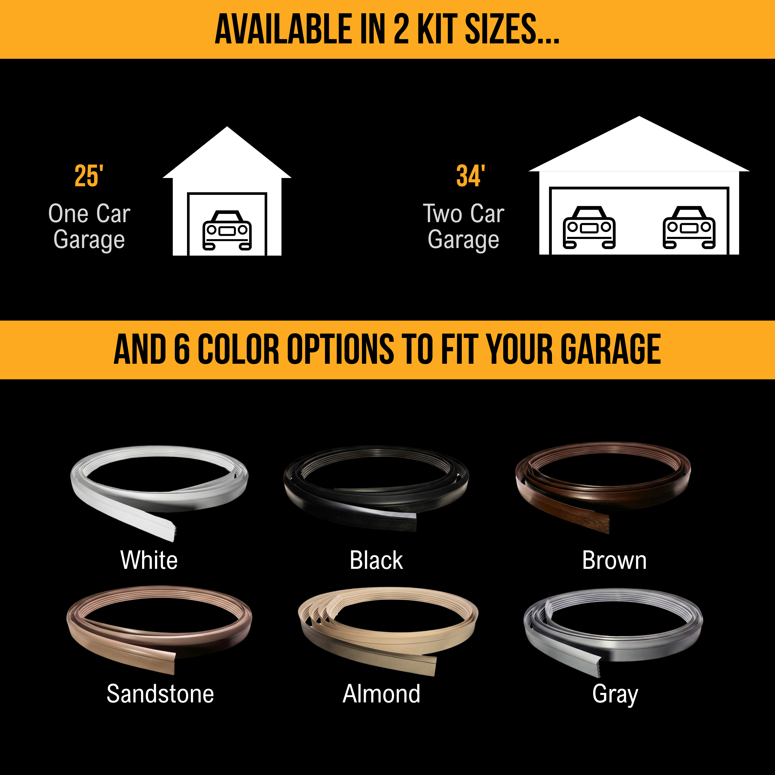 DuraSeal kit sizes (25 ft and 34 ft) and six available colors: White, Black, Brown, Sandstone, Almond, Gray